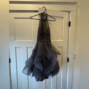 Sherri Hill Charcoal Dress with Embellished Bodice and tulle skirt